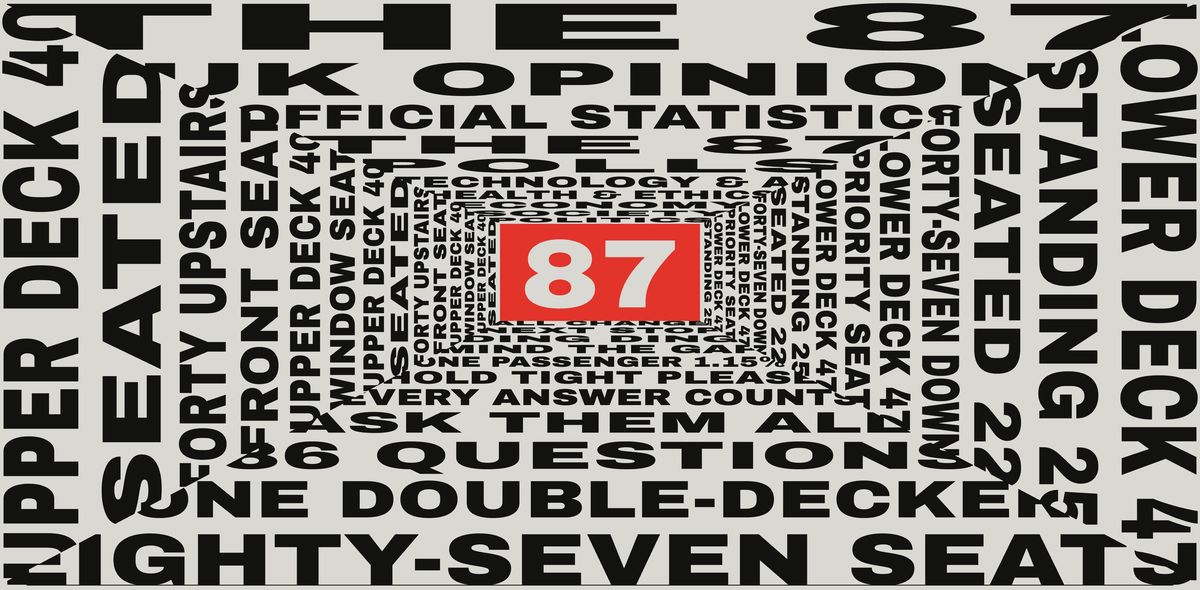 Type receding into a tunnel towards a red 87: upper deck 40, lower deck 47, one double-decker, eighty-seven seats